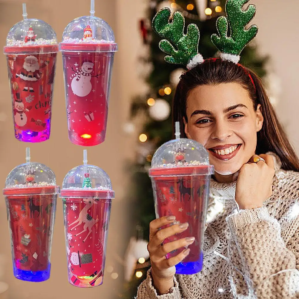 Tasse à glace de Noël avec dessin animé léger, grande beauté, double couche, grande capacité d'eau, paille en plastique, 400-500ml, V5p3