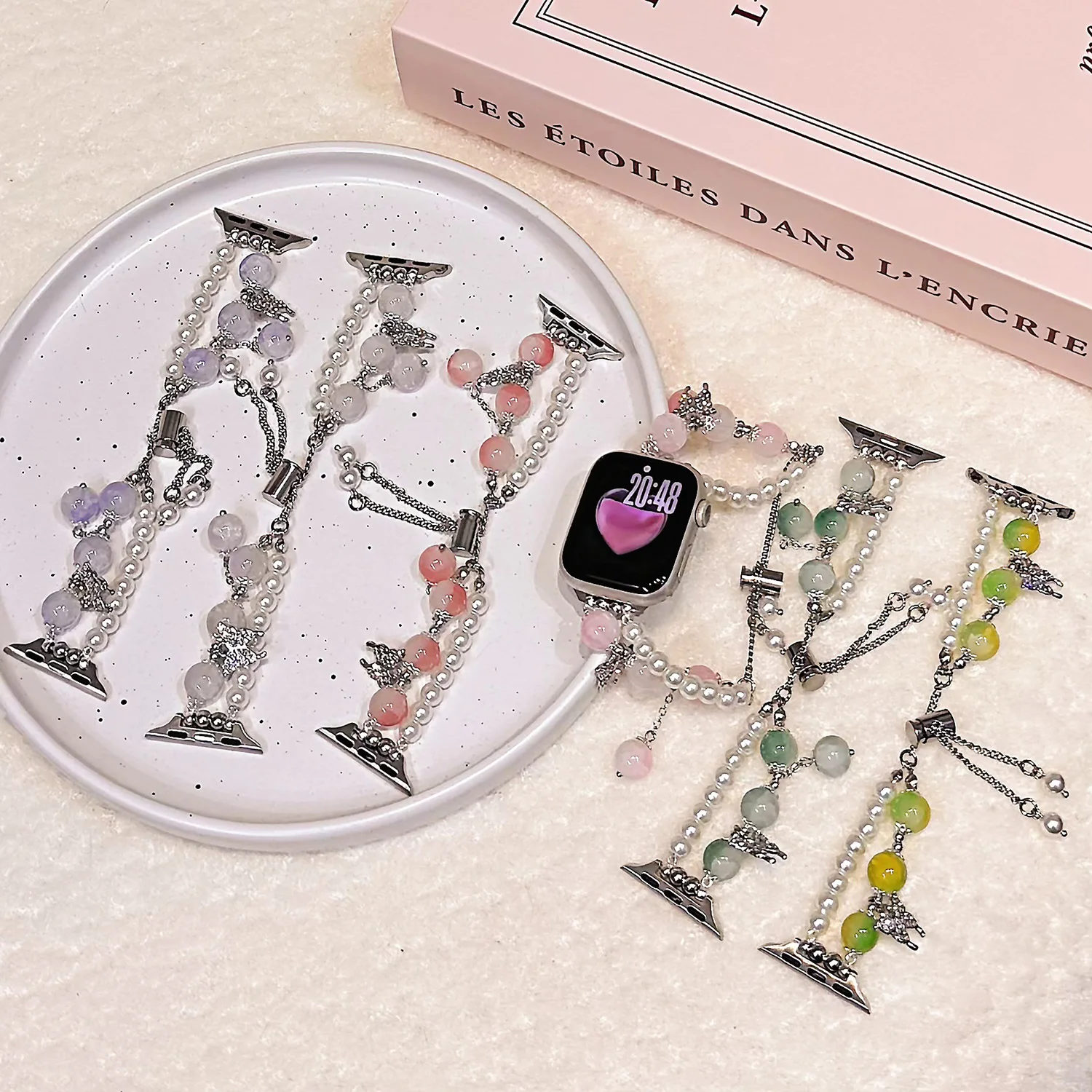 

Летний браслет с жемчугом и камнем «кошачий глаз» для Apple Watch 42/41/40/38/44/45/46 Женский жемчужный браслет для IWatch Series Ultra S10/S9