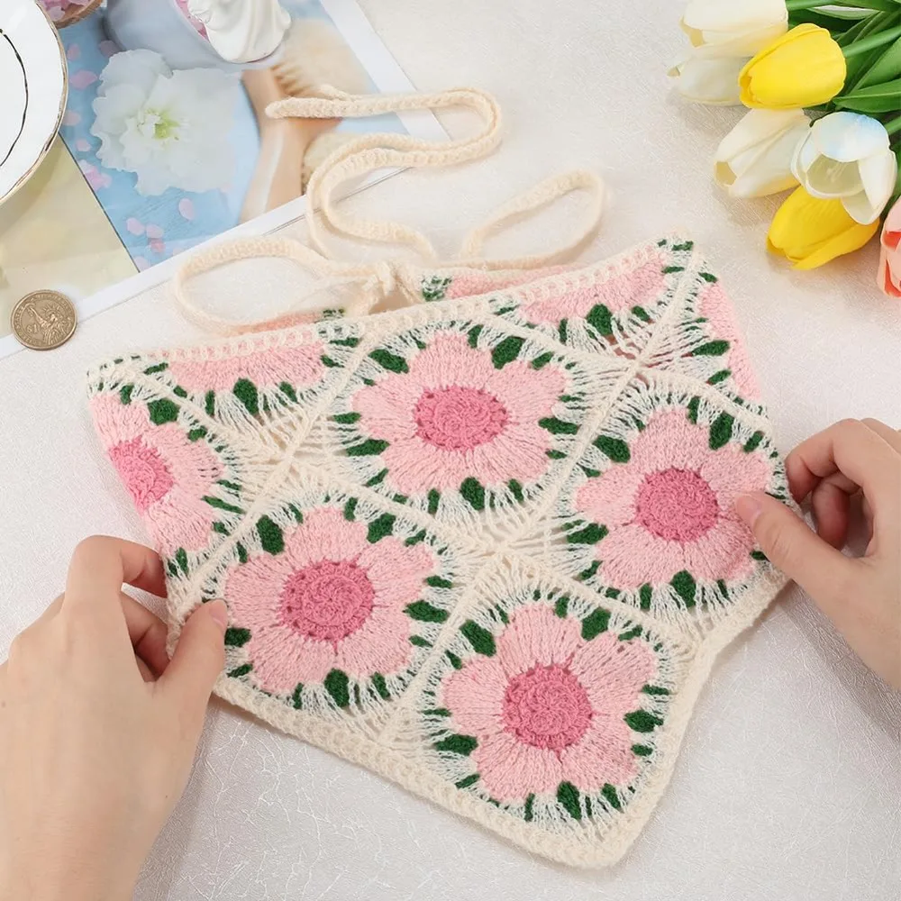 Ins Flower Women's Headscarf Knitted Sweet Triangular HairScarf Breathable Handmade Crochet Small Square Scarf for Autumn