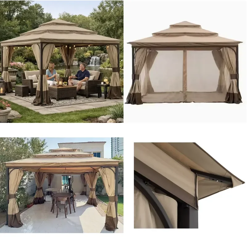 Deluxe 12x12m three-story rooftop pavilion with net curtains and curtains, outdoor canopy tent, metal frame pergola, suitable