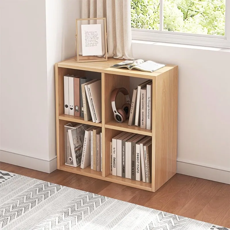 

Four Cube Organizer Bookcase with Fabric Bins and Open Shelves for Books Storage Oak Finish mobilier de bibliothèque