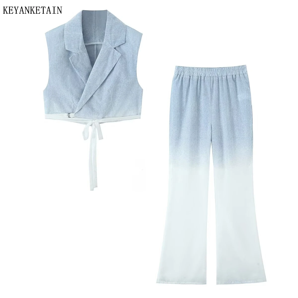 KEYANKETIAN Summer New Women's gradient color Lace Up Vest Sleeveless Top Elastic Waist Flare Pants Leisure style Two-Piece Thin