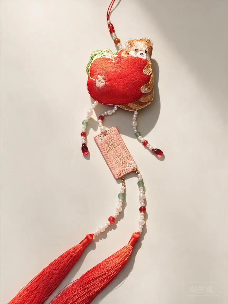 Double Sided Embroidered Red Panda Apple Sachet Chinese Style Hanfu Pendant Beaded Tassel Charm Accessory For Women Daily Wear