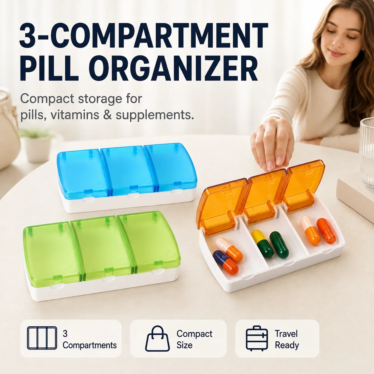 Portable 3-Compartment Pill Organizer Travel Medicine Box with Individual Flip Lids for Vitamins Supplements Daily Use