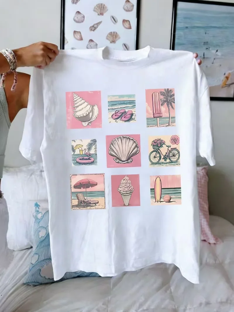 La Dolce Vita Mediterranean Collage Print Top Women Casual Crew Neck Short Sleeve Italian Aesthetic Summer Basic Solid Lady Tee