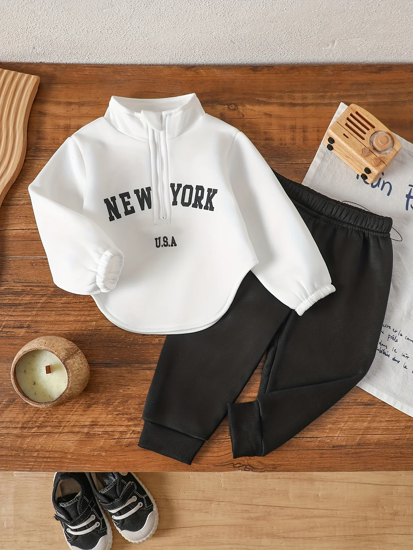 NEW YORK Letter Print - Kids Half-Zip Stand Collar Sweatshirt & Black Pants Minimalist Casual Set