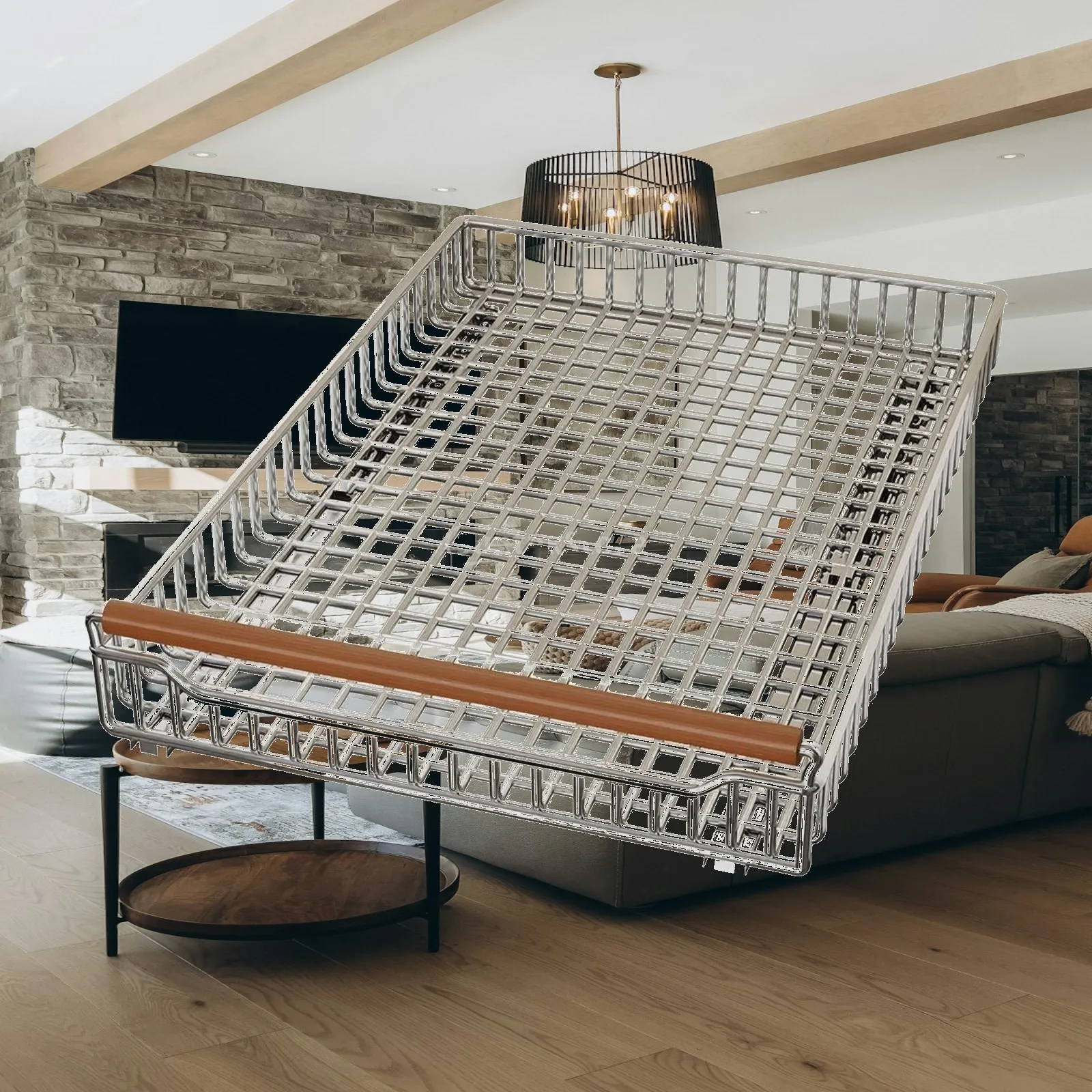 Sliding Kitchen Cabinet Basket for Pantry Storage with Wire Grid Design and Wood Handle