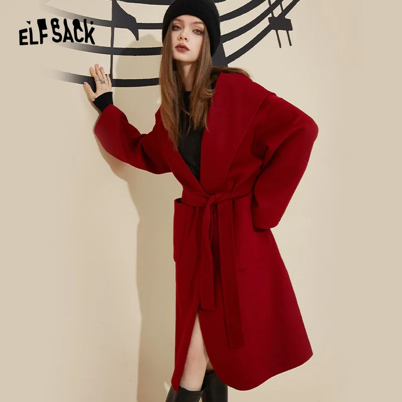 ELFSACK Red Hooded Wool Coats Women Winter Mid-length Outwears