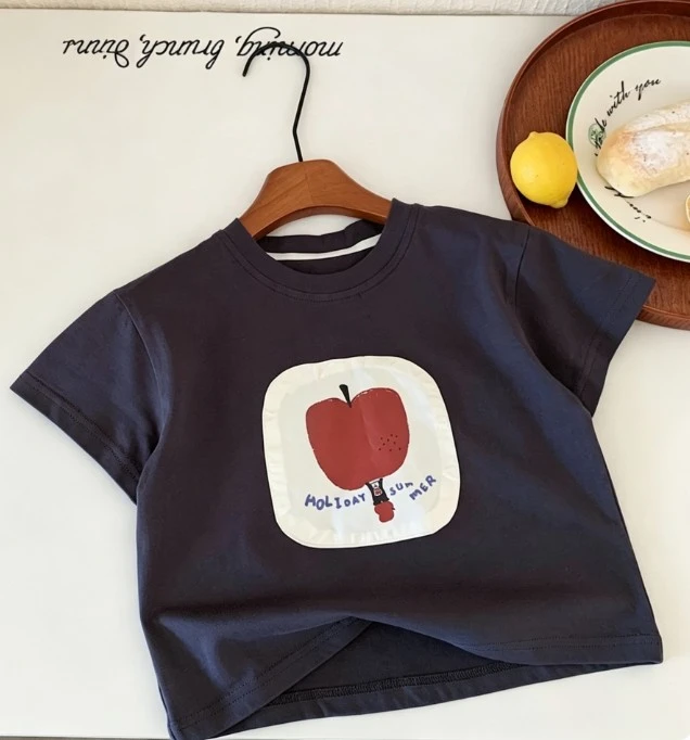 Toddler Cute Apple Print T Shirt Boys Girls Summer Lightweight Cotton Tee With Simple Apple And Text Design Kid Costume Baby Tee