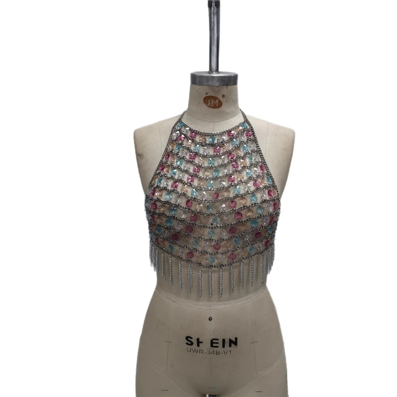 

Handmade Crystal Beading Metal Halter Camist Tops for Women Bra Chain Beach Party Sexy Body Chain Night Clubwear Vest Tanks Tops
