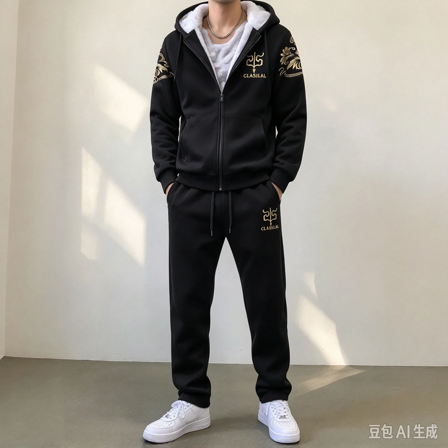 Men's Thermal Fleece Hooded Tracksuit Autumn Winter 2Pcs Gold Print Jogging Outfit Sets Plus Plush Thick Cardigan Two Piece Set