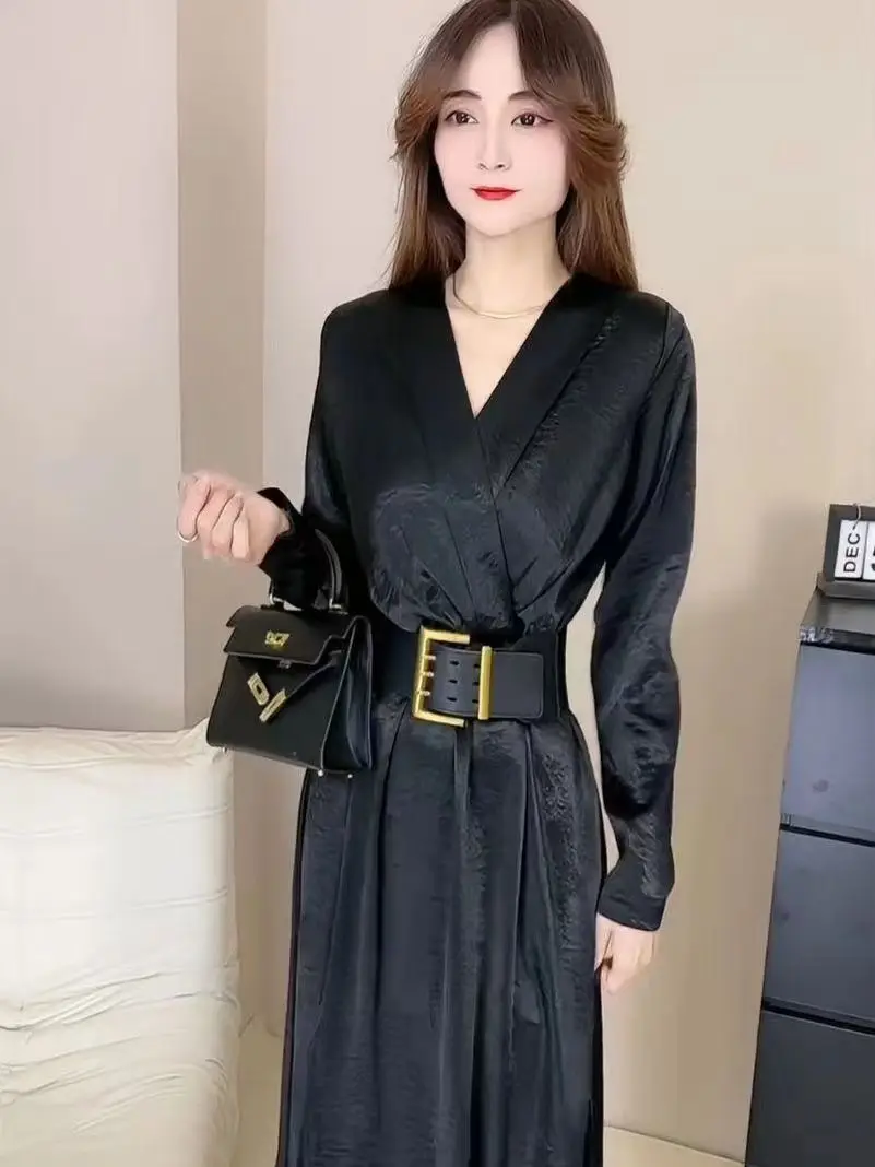 Ele Bla Satin V-Ne A-Line Dr Women's Faion Sle Waist-Cinching Autumn New Arrival Long Sve Daily Wear