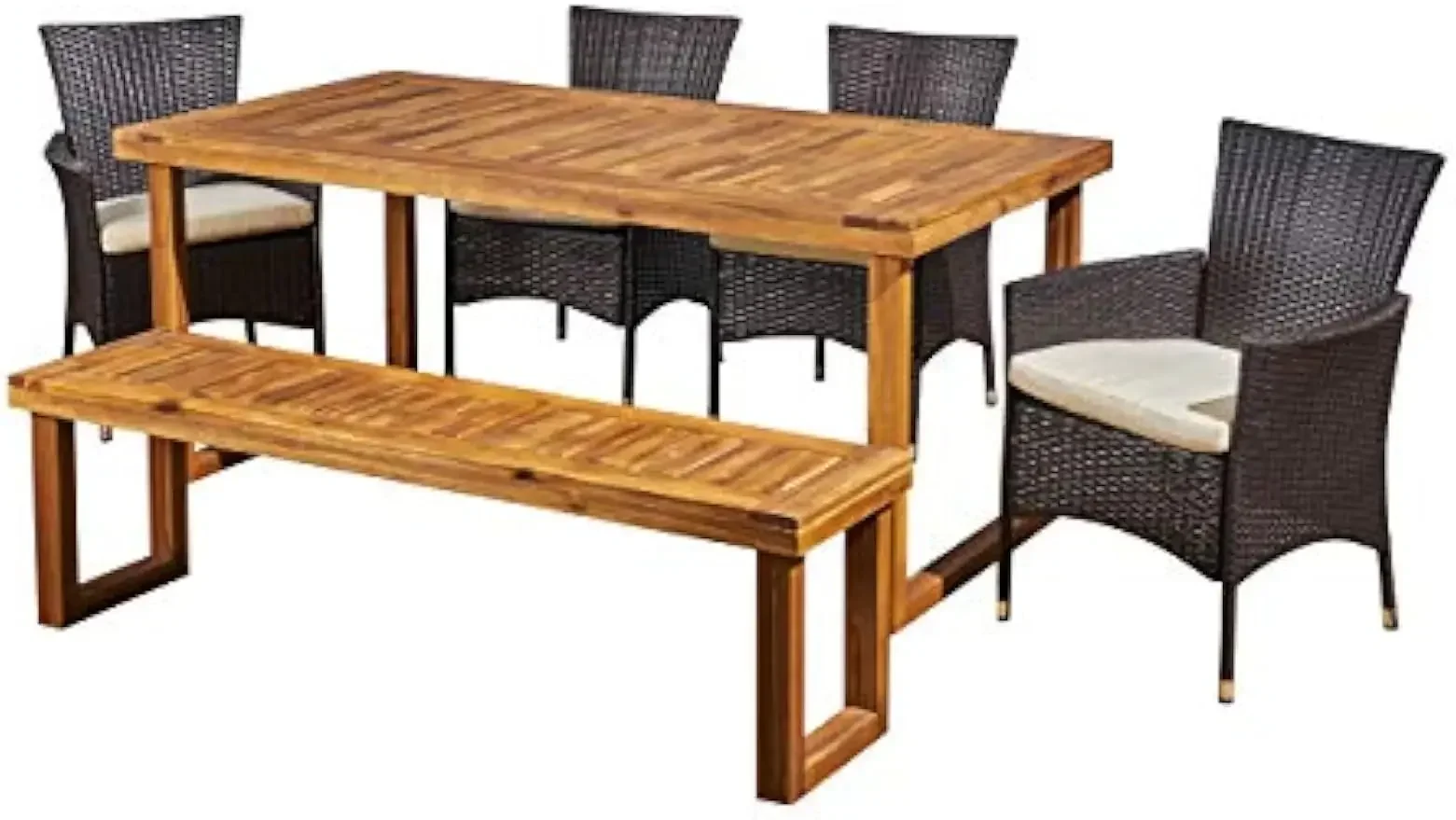 Moralis Outdoor 6-Seater Acacia Wood and Wicker Chair and Bench Dining Set, 23.25 