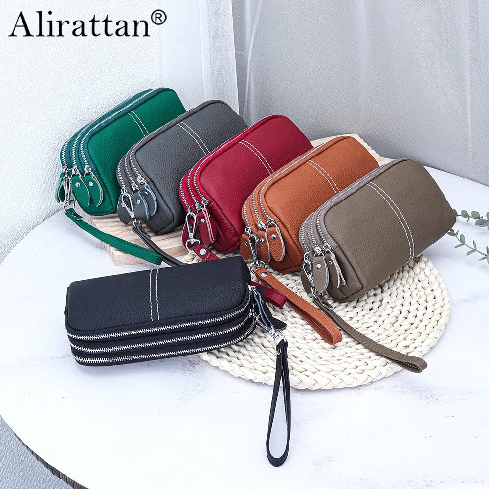 

Alirattan Large Capacity Hand-Held Coin Purse Women's Versatile 2024 New Genuine Leather Three-Layer Zipper Mobile Phone Bag