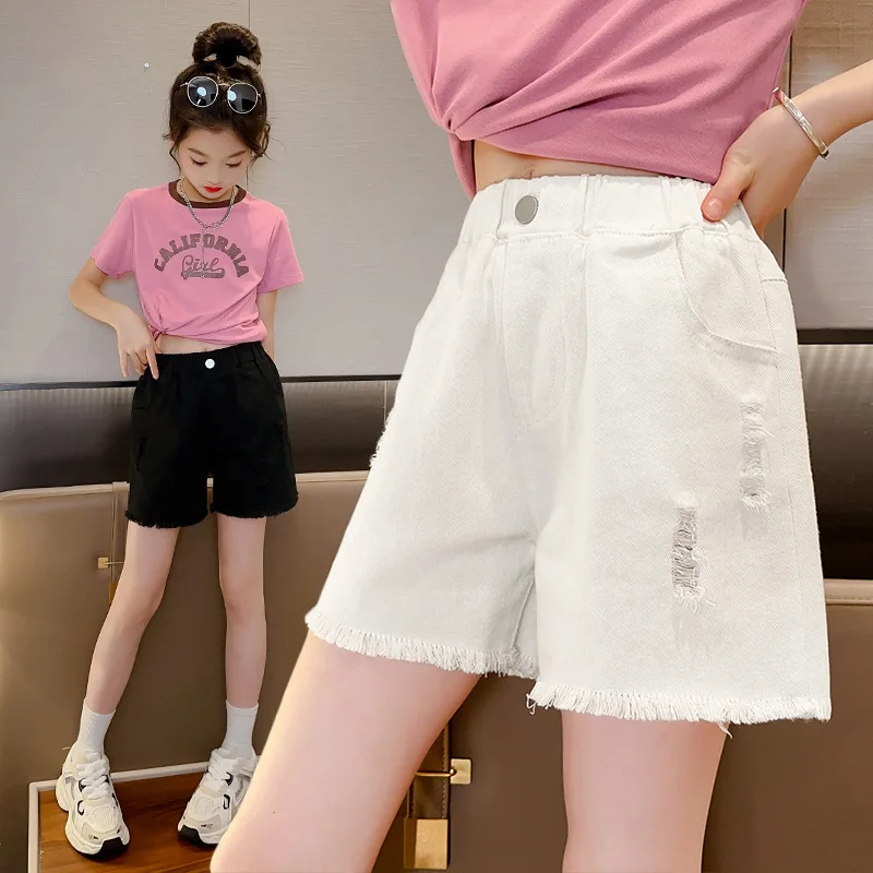 Elegant Girls' Denim Shorts 2026 Summer Teenage Children Fashion Ripped Hot Pants 6-16 Years Old Wear Fashion Children's Pants