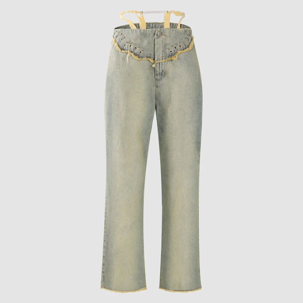 Y2K Lace Up High Waist Jeans Women 100% Cotton Vintage Washed Rivet Fringe Wide Leg Baggy Denim Pants Streetwear 2026 New Y2K