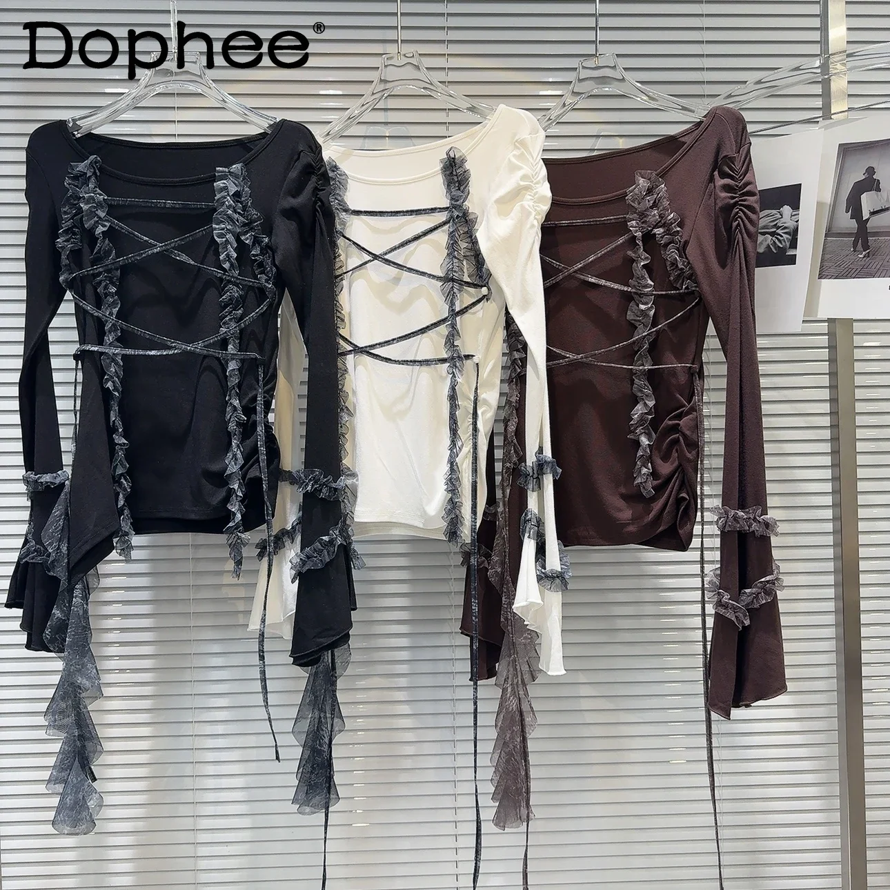 Korean Style Sexy Girl Trumpet Sleeve Slim Top Autumn New Sweet Mesh Fringed Streamer Strap Design Long Sleeve T-shirt Women