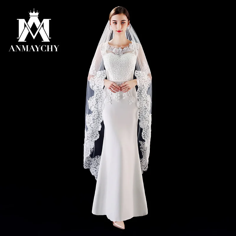 Elegante Catedral Lace Fingertip Veil com Pente Apliques, Acessórios do casamento, Princesa, 2024