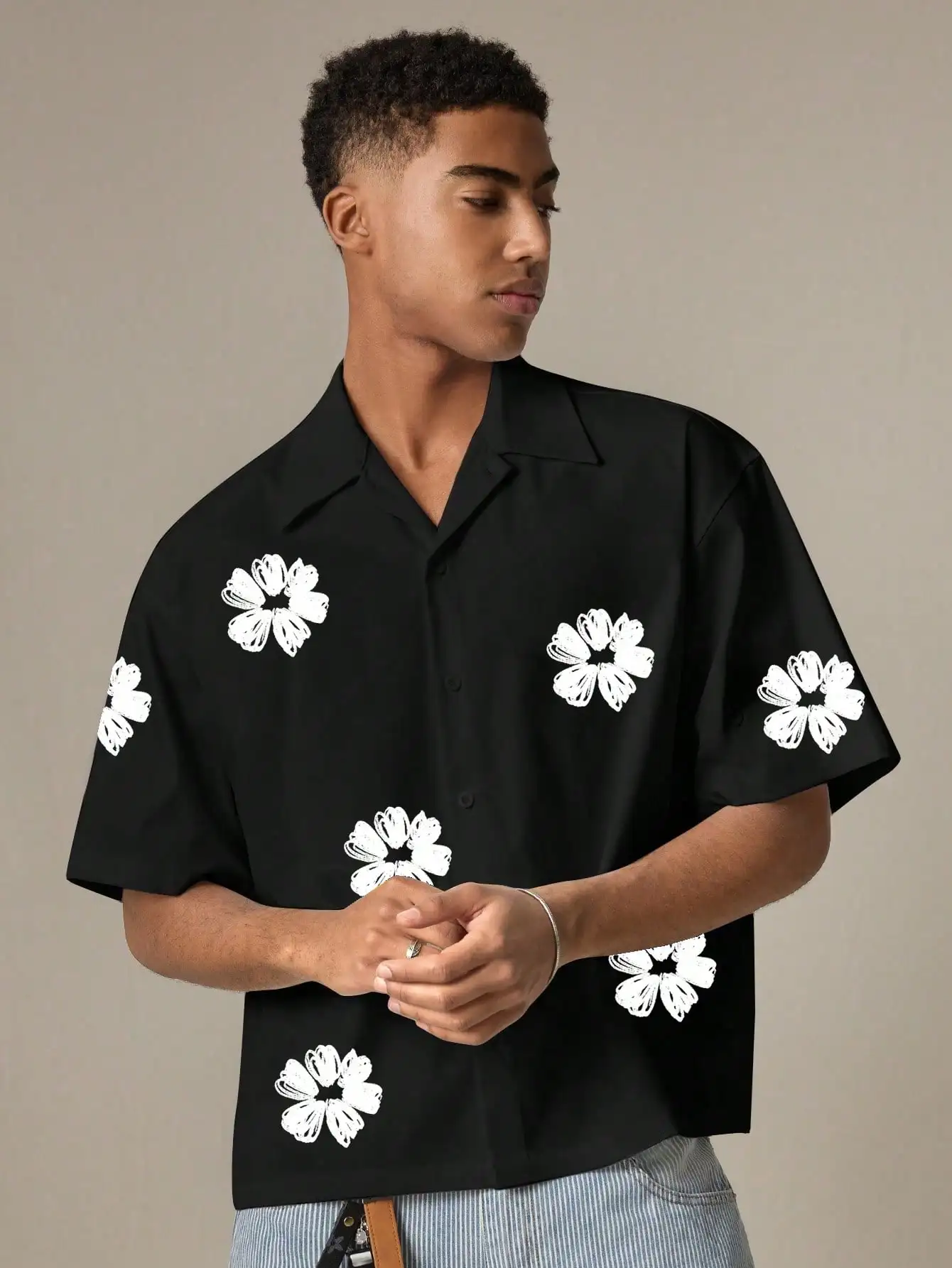 

Men's Black Loose Fit Short Sleeve Shirt with White Floral Print, Casual Wear