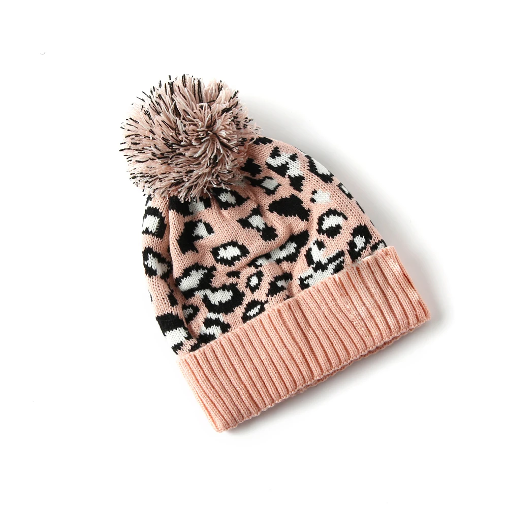 4 Color Knitted Leopard Beanies Skully Trendy Warm with Pompom Fur Pom Pom Print Winter Hat For Women Fashion Gift