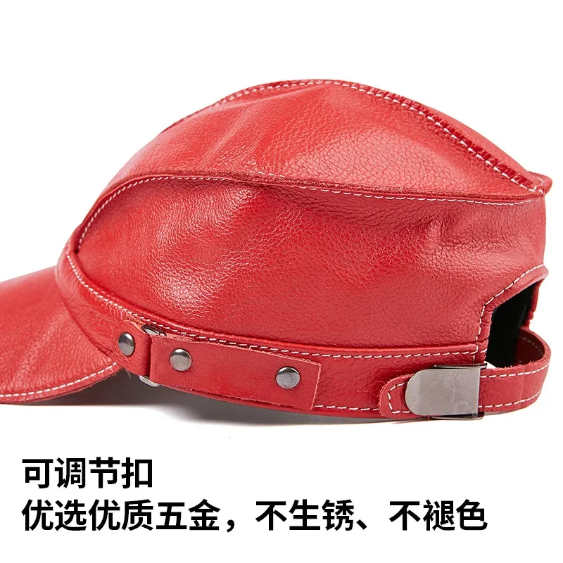 2026 Gorra de béisbol de cuero genuino para hombre con orejeras - Sombrero con visera de cuero de grano superior rojo brillante para invierno informal
