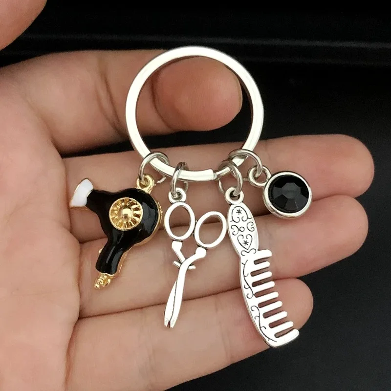 New hairstylist keychain hair salon keychain hair dryer scissors comb keychain hairdresser men and women fashion jewelry gifts