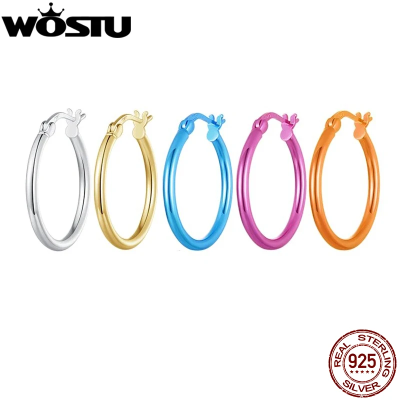 WOSTU 925 Sterling Silver Big Huge Round Circle Hoop Earrings Women Colorful Rose Red Blue Simple Earring Hip Hop Jewelry Gift