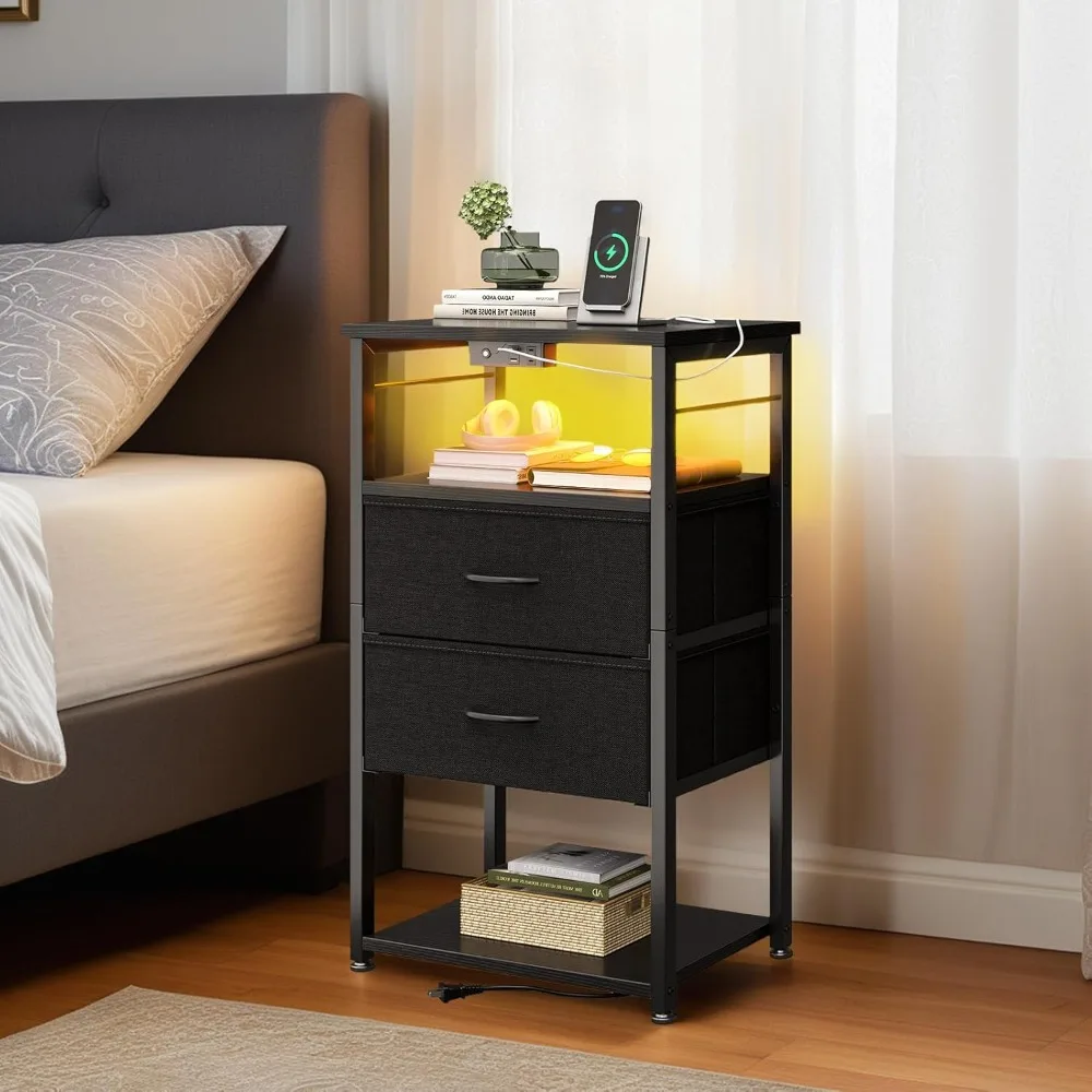 

Tall Nightstand with Charging Station and LED Lights, Bedside Table with Fabric Drawers, Open Shelves Storage for Bedroom, Blac