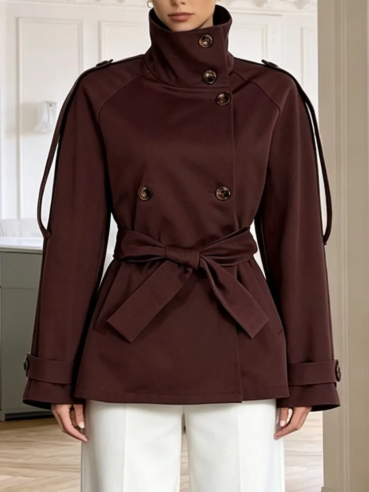 MsChuh Autumn Women's Clothing Solid Color Leace-up Outerwears High Neck Simple Style All-match Loose Comfortable Temperament