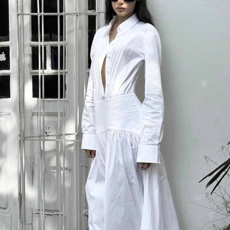 Herfst dames shirtjurk met lange mouwen, elegante chique katoenen plooien, button-down losse korset geplooide maxi-jurk