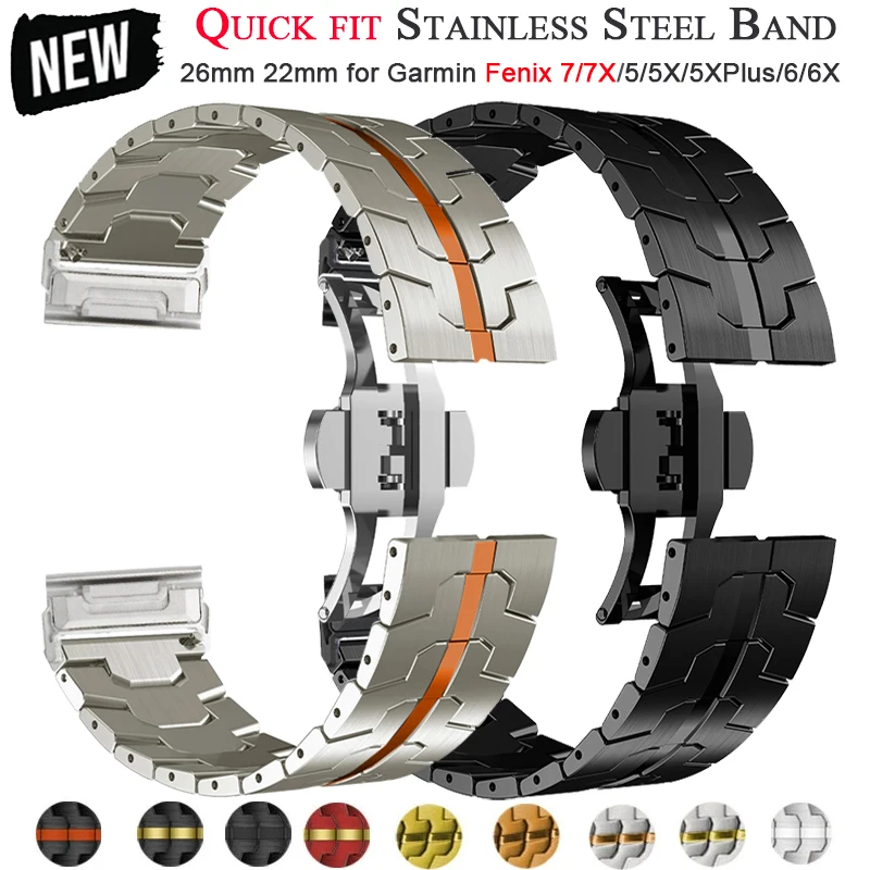 

26 22mm QuickFit Metal Strap For Garmin watch Fenix 5/5X/5XPlus/6/6X/6XPro/7x Titanium Color Stainless Steel Band Forerunner 945