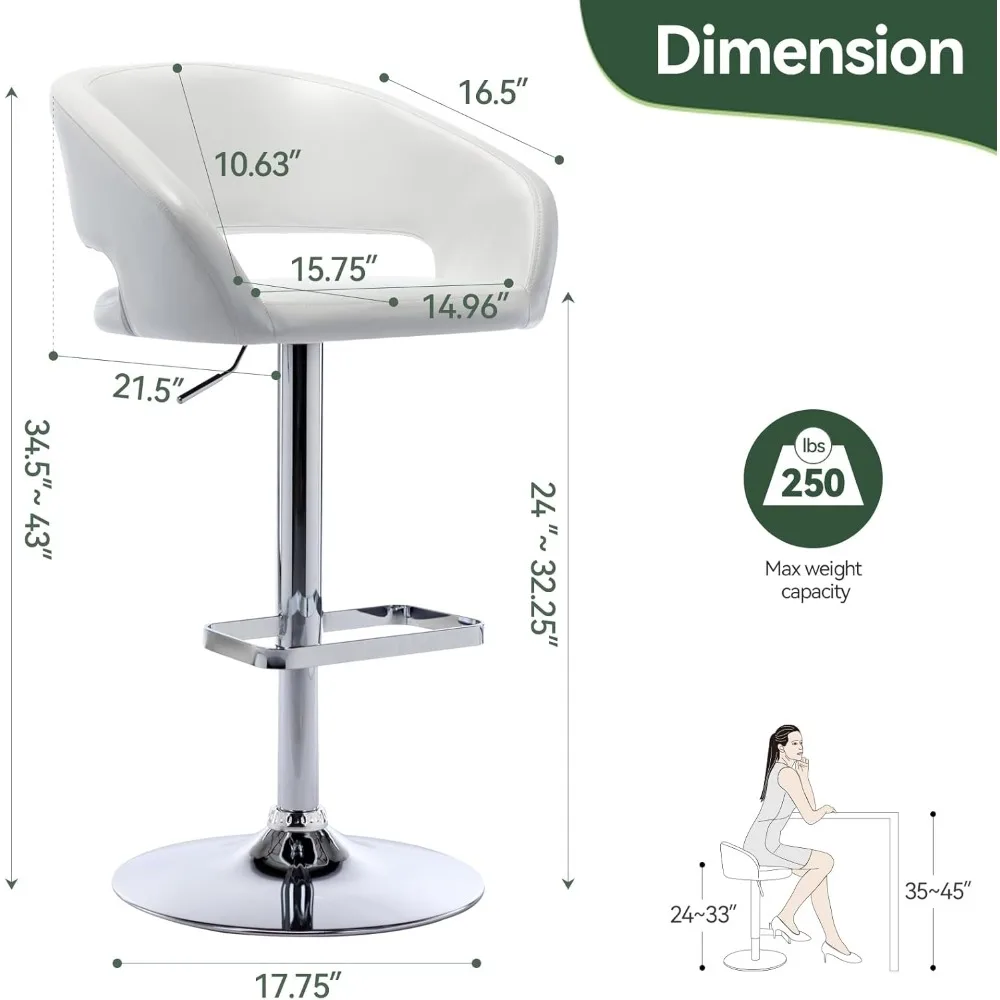 Adjustable Bar Stool with Hollow Back and Arms, Modern PU Leather Swivel Barstool - Airlift Counter Chair for Kitchen & Dining R