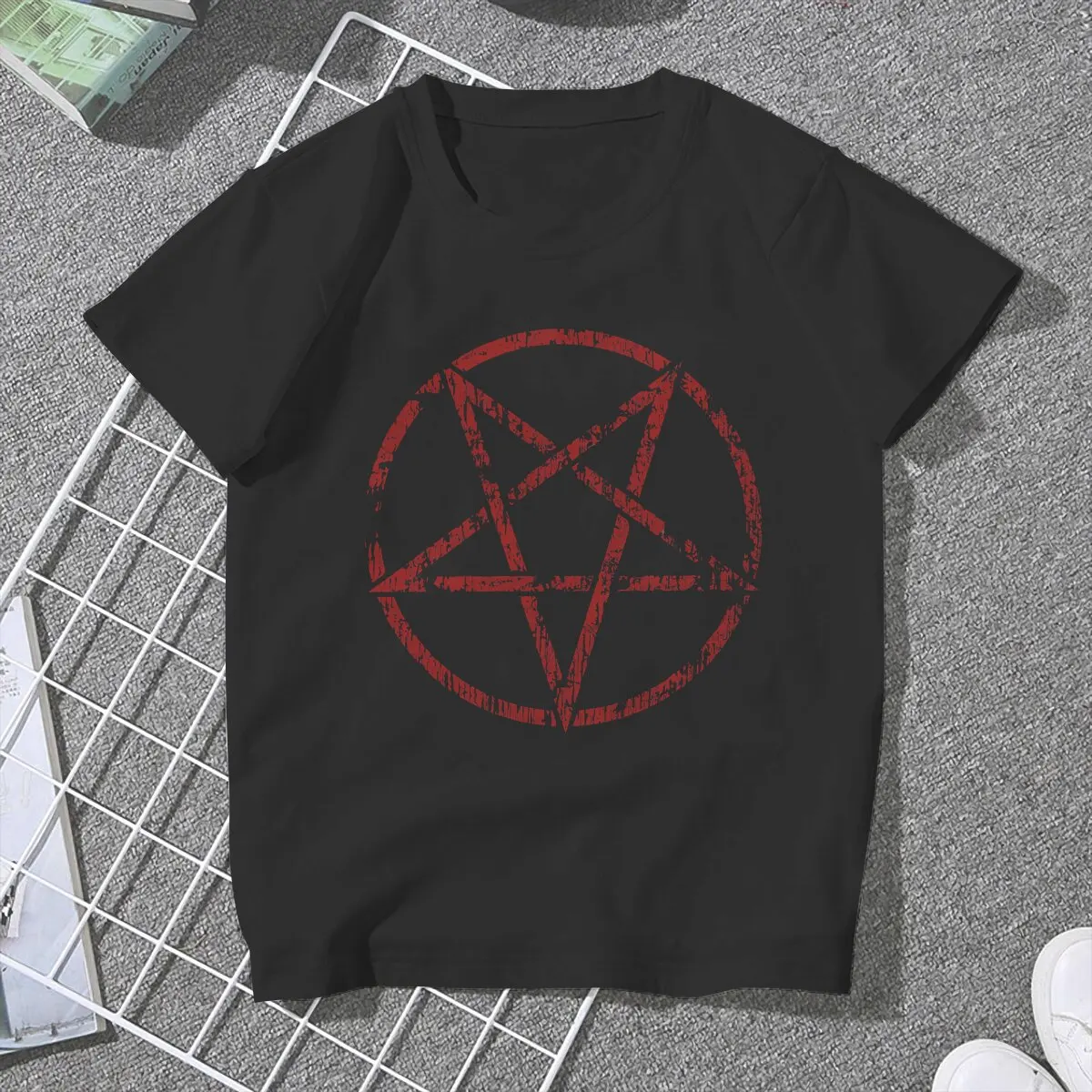 Worn Pentagram Women Clothes Satanic Goat T-shirt Kawaii Vintage Female Clothing