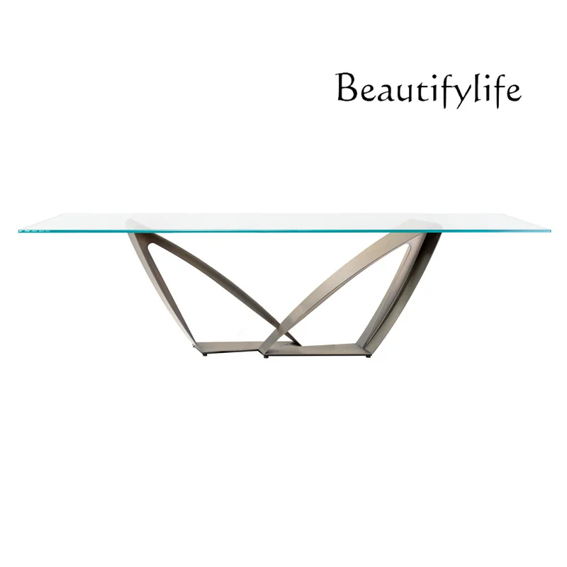 Italian Light Luxury Creative Design Steel Frame Glass Table Modern Large Flat Reception Table