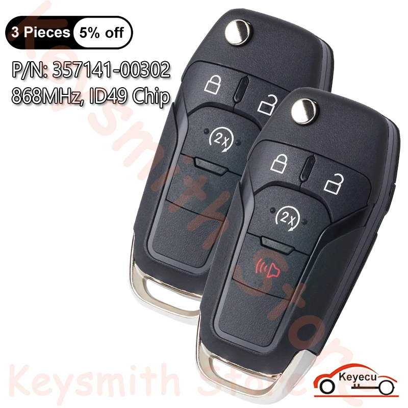 

KEYECU 3 4 Buttons 868MHz ID49 Chip for Ford F-150 F-250 Mondeo Fusion Escort Transit Auto Flip Remote Key Fob P/N: 357141-00302