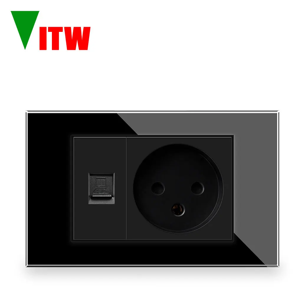Vitw 120MM Israeli H-type wall 16A power outlet, EU computer network CAT6 socket, RJ45 network cable interface with glass panel