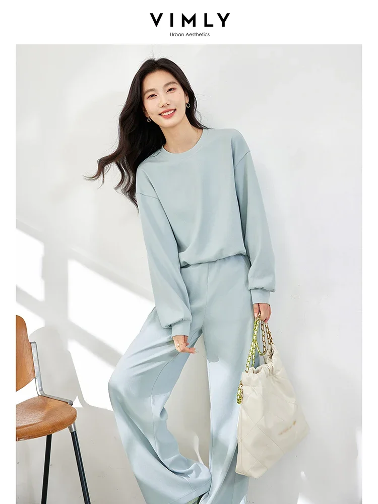 VIMLY Simple Knit Sweatshirts Pants Sets Women Casual Knitwear Jumper Tops Elastic Waist Wide Leg Pants Office Lady Pants Suit