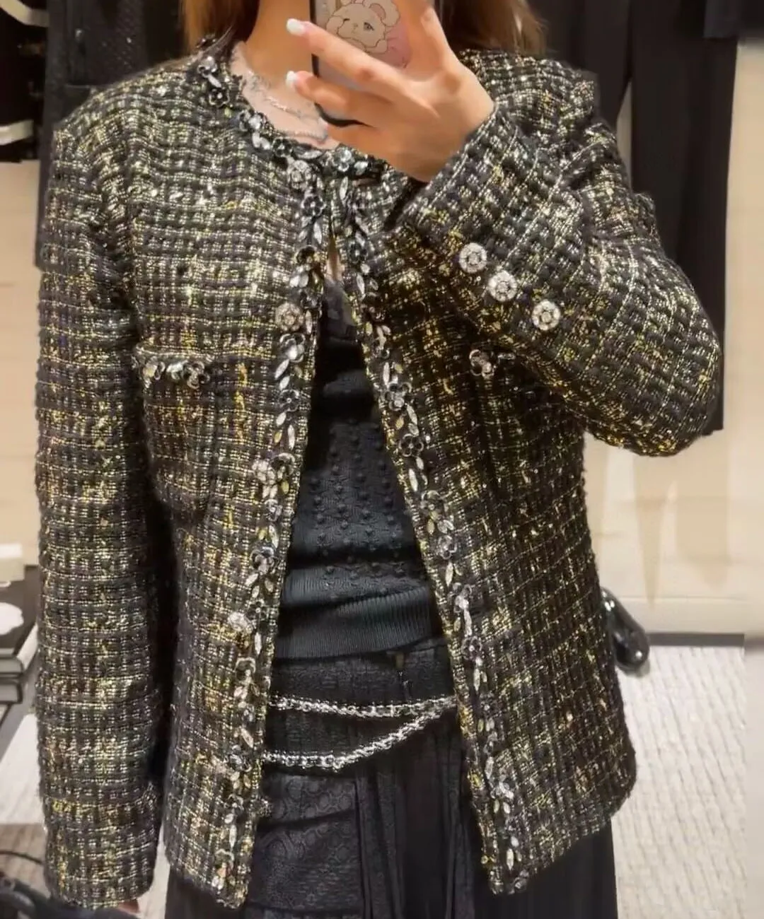 

Top Quality 100% Silk Liner Black Gingham Woolen Tweed Jacket Women Sequins Floral O-neck Long Sleeve Slim Belt Vintage Coat