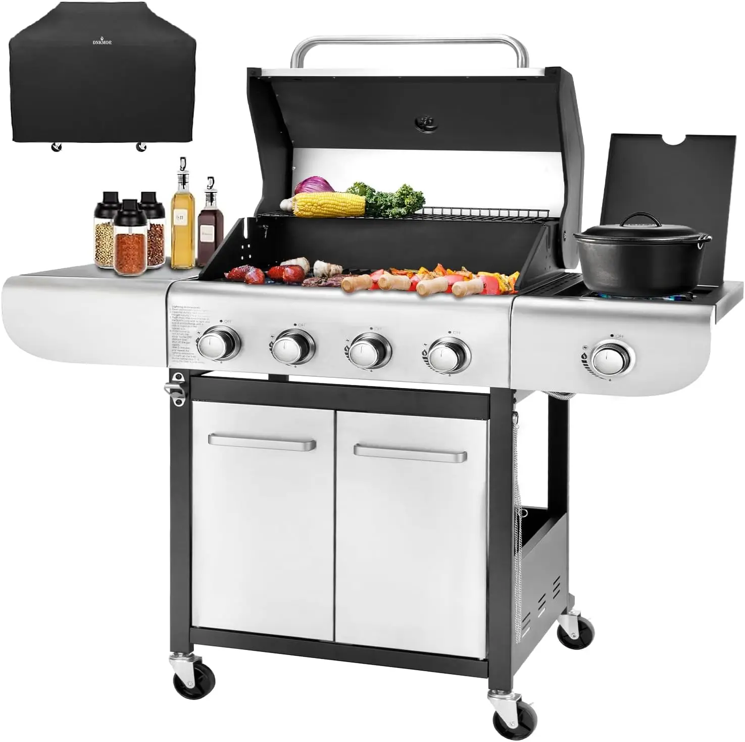 4-Burner Propane Gas BBQ Grill with Side Burner, 53,000 BTU Output with Enameled Cast Iron Grates for Patio Garden Barbecue