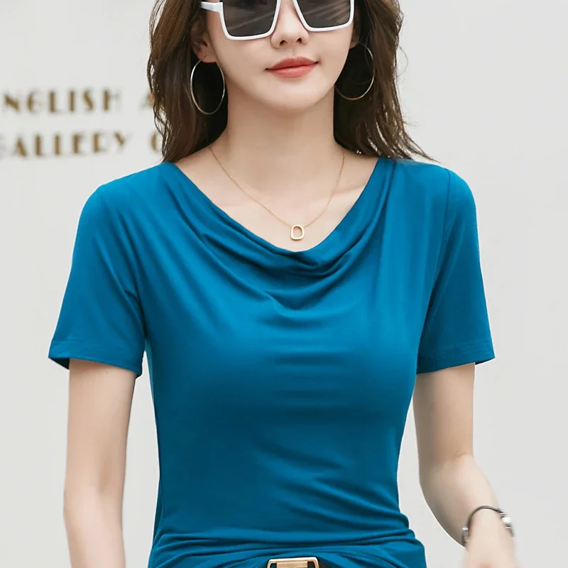 

New spring/summer short sleeved stand up collar T-shirt, slim fit and slimming effect, solid color commuting top