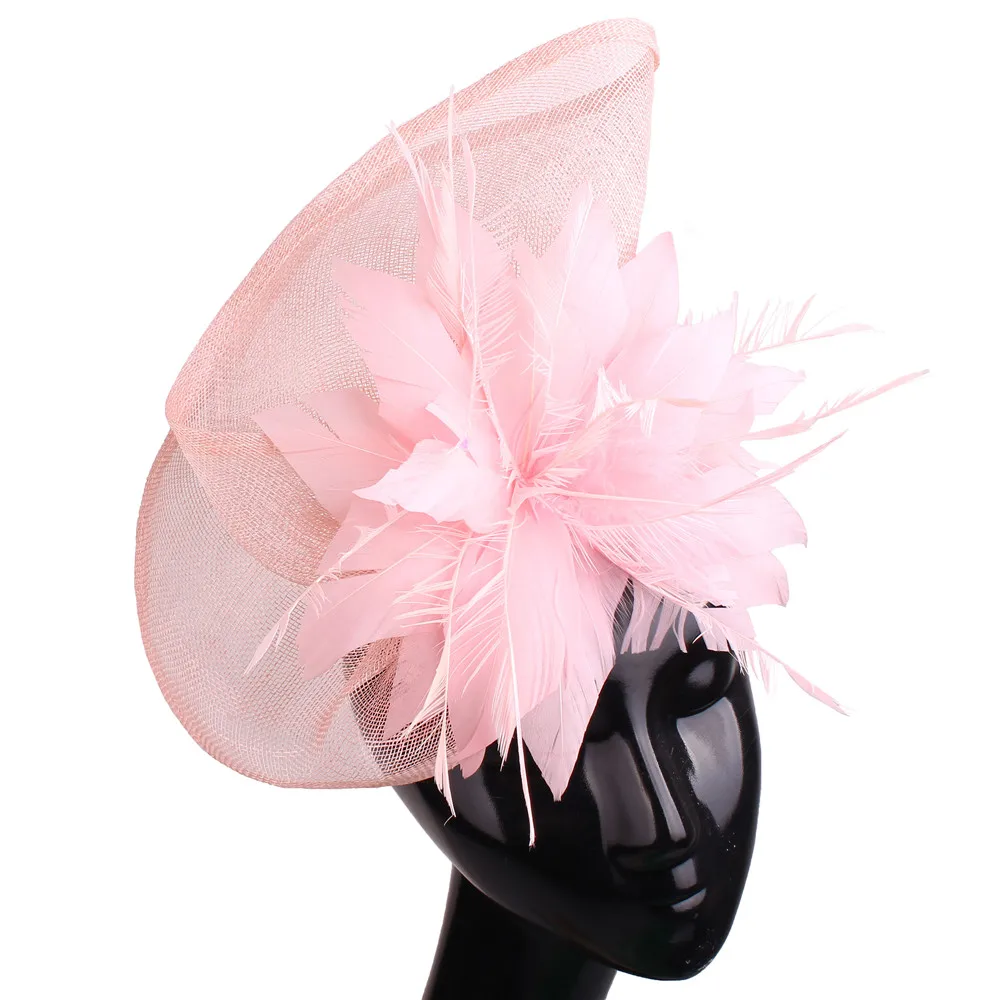 

Pink Sinamay Wedding Hair Fascinator Women Hat Feather Flowers Fashion Headwear Cocktail Race Hair Accessories Wirh Hair Clip