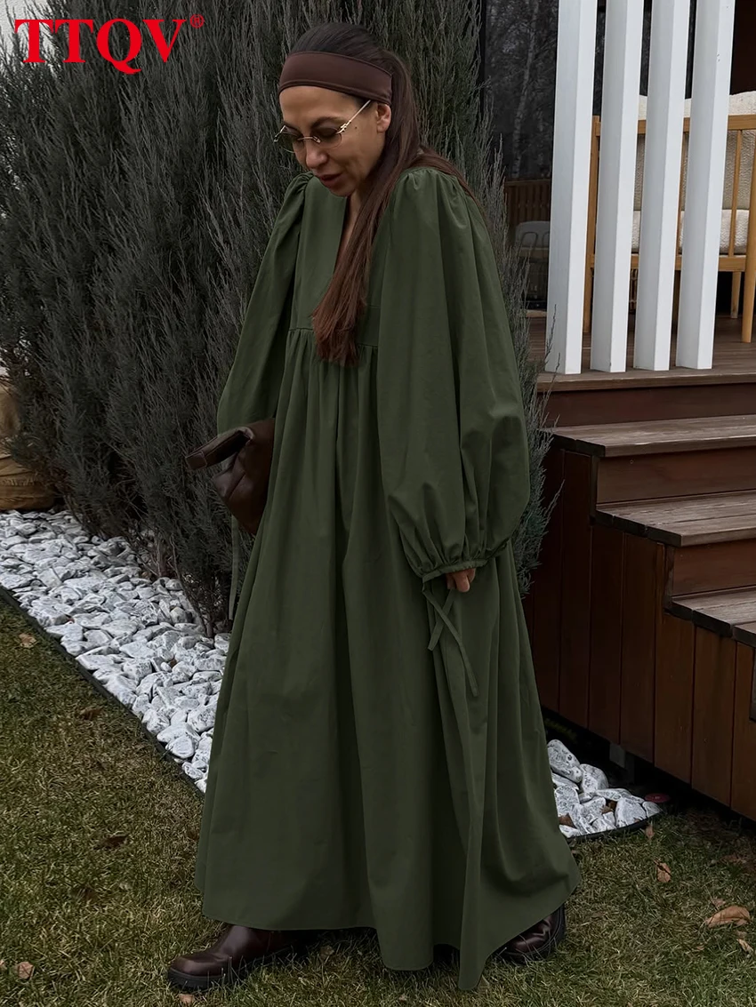 

TTQV Spring Loose Green Women's Dress 2026 Fashion V-Neck Long Sleeve Maxi Dresses Elegant Classic Solid Female Dress Streetwear