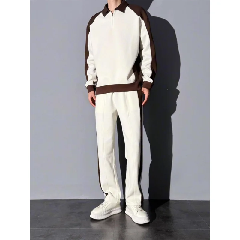 2pcs Setelan Sweatshirt dan Celana Olahraga Korea Warna-Blok Musim Semi dan Gugur, Celana Kasual Elastis Nyaman dan Longgar untuk Pria