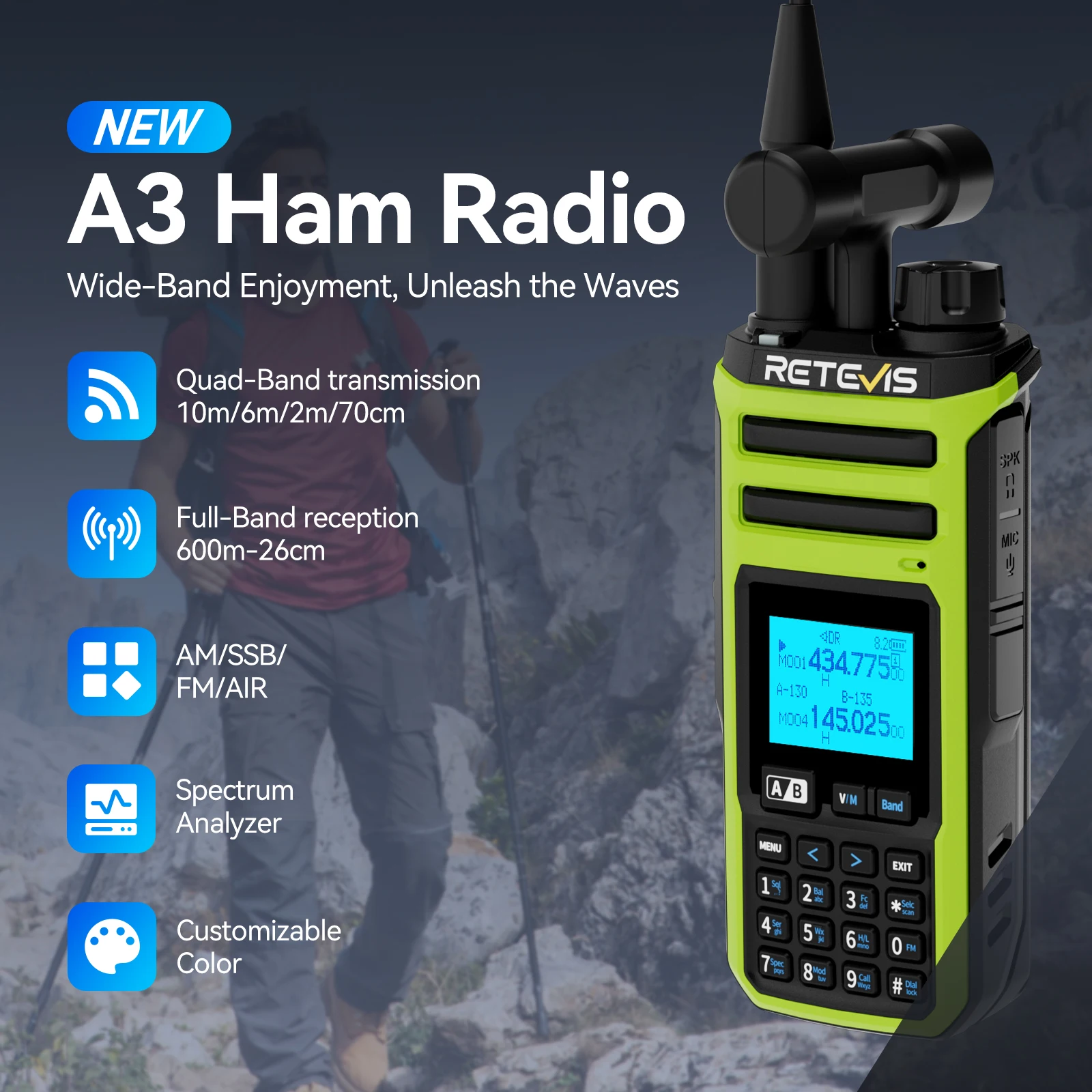 

Retevis A3 Ham Radio Quad Band Walkie Talkie UHF VHF HF Dual Receive Transmit VOX 2500mAh Long Battery Life 999Channels CB Radio