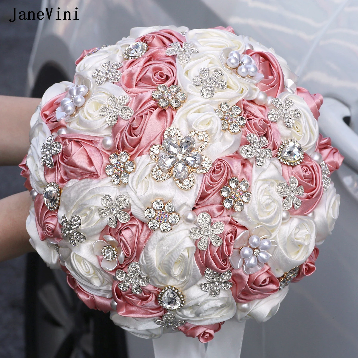 

JaneVini Elegant Blush Pink Ivory Korean Bridal Bouquets Golden Crystal Artificial Satin Roses Wedding Bouquet Flowers for Bride