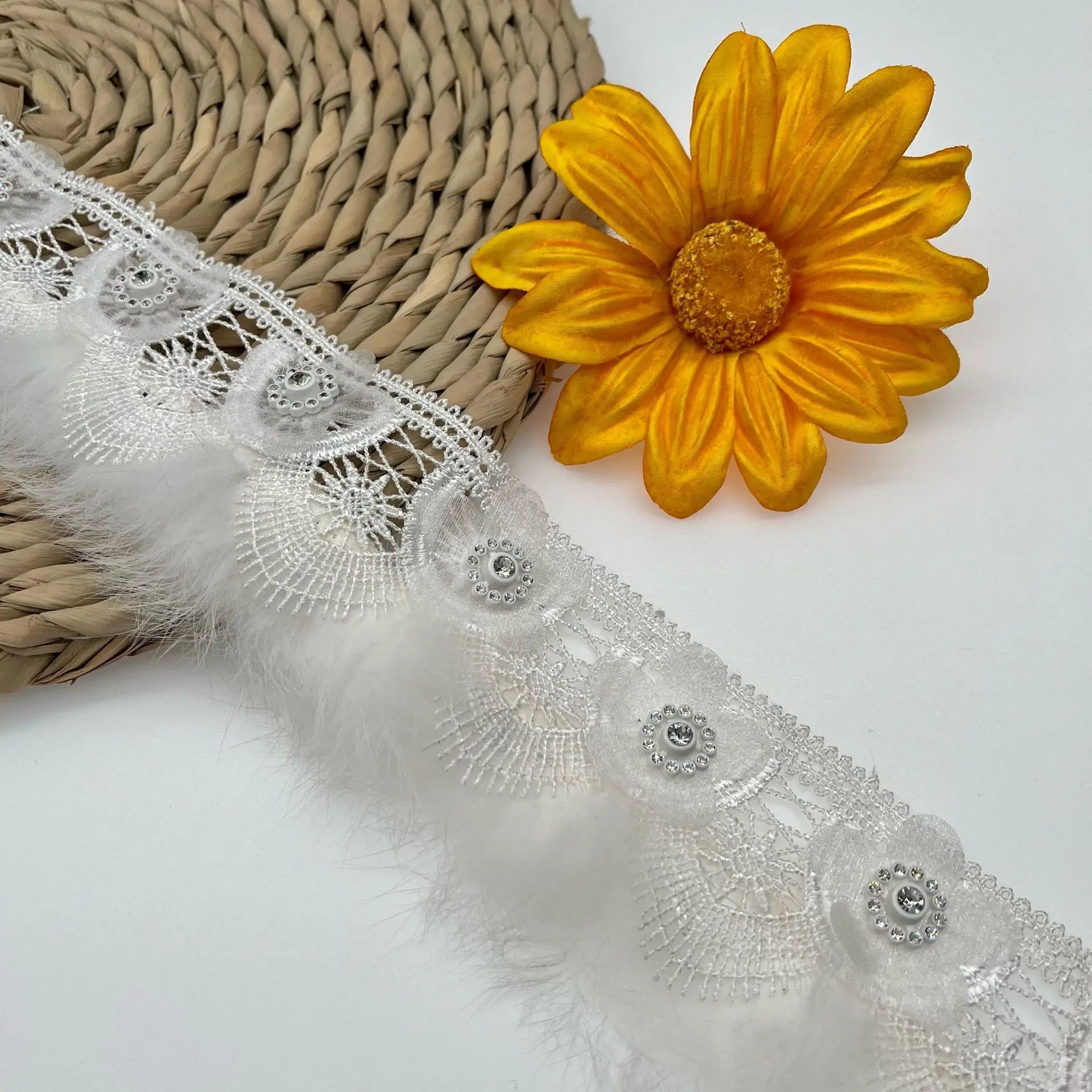 1 Yards 6.5CM Silk Pom 3D Flower Leaf Lace Trim Rhinestone Pompom Fringe Sewing Lace Ribbon Fabric Handmade Wedding Dress Craft