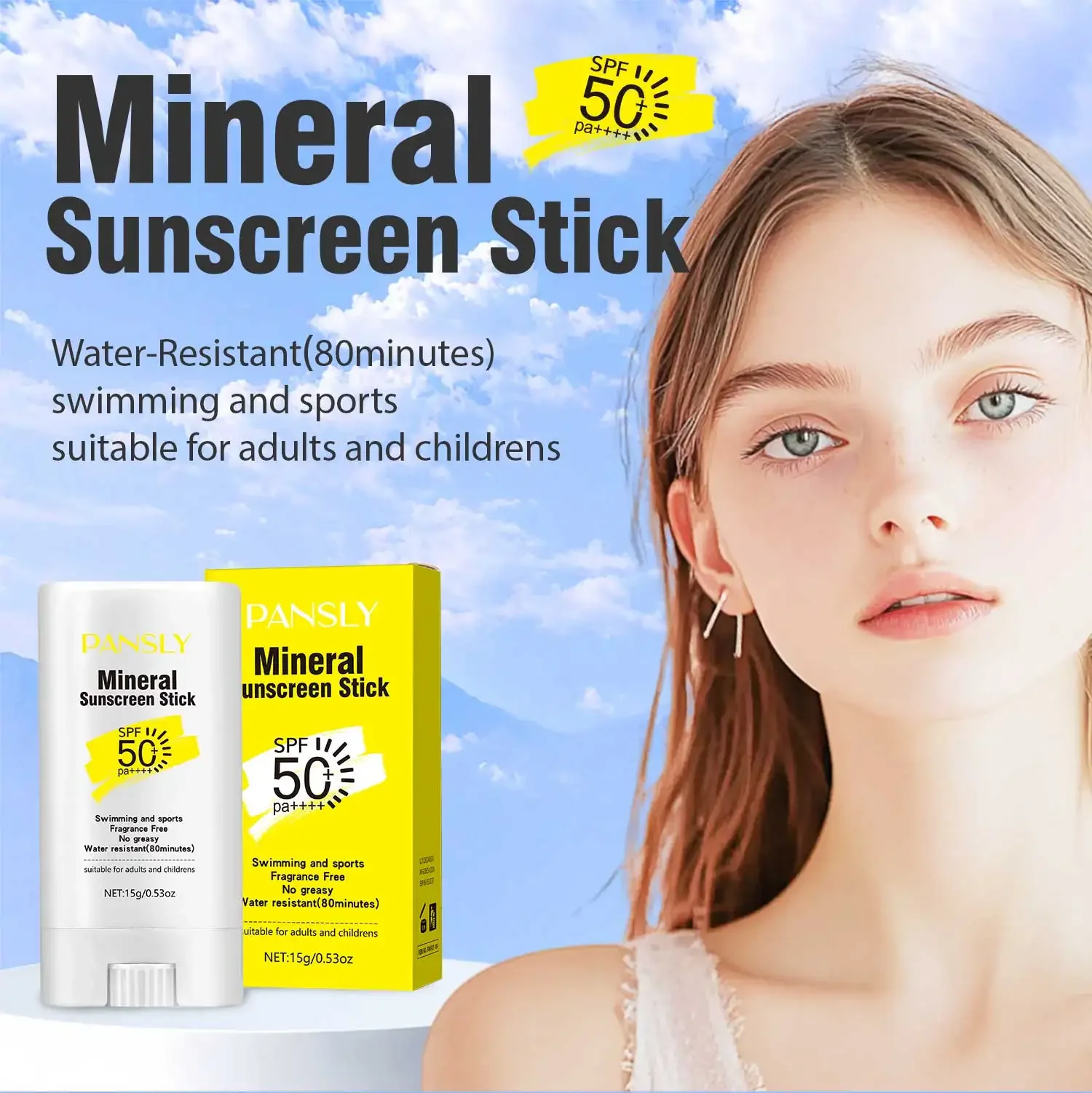 Mineral Sunscreen Stick SPF 50 pa++++ Facial Sunblock Refreshing Oil Control Water-Resistant Sun Protective Stick Skin Care 15g