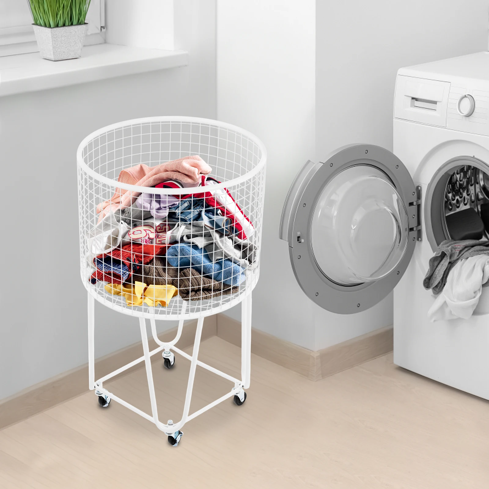 

White, Laundry Basket Storage Cart, Laundry Hamper with Wheels, Metal Laundry Basket for Bathrooms, Laundry Rooms, 43*43*65 cm