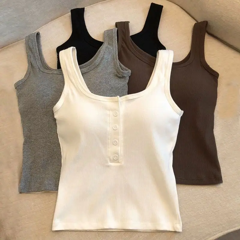 1-teiliges geripptes Henley-Tanktop für Damen, ärmelloses Camisole-Top mit quadratischem Ausschnitt und Knopfleiste vorne und integriertem BH – Detail 4