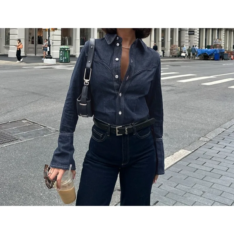 Spice Girl Slim Sexy Denim Split Shirt Personalized Wind Breasted Lapel Long Sleeve Top